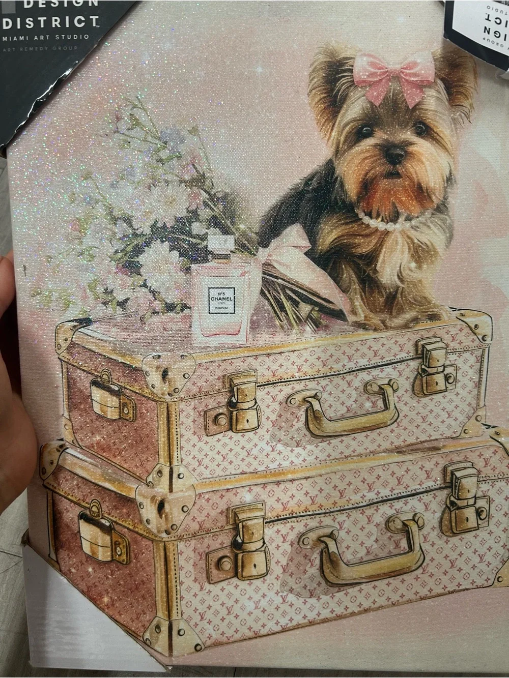 NWT District Pink Puppy on Vintage Luggage Wall Art